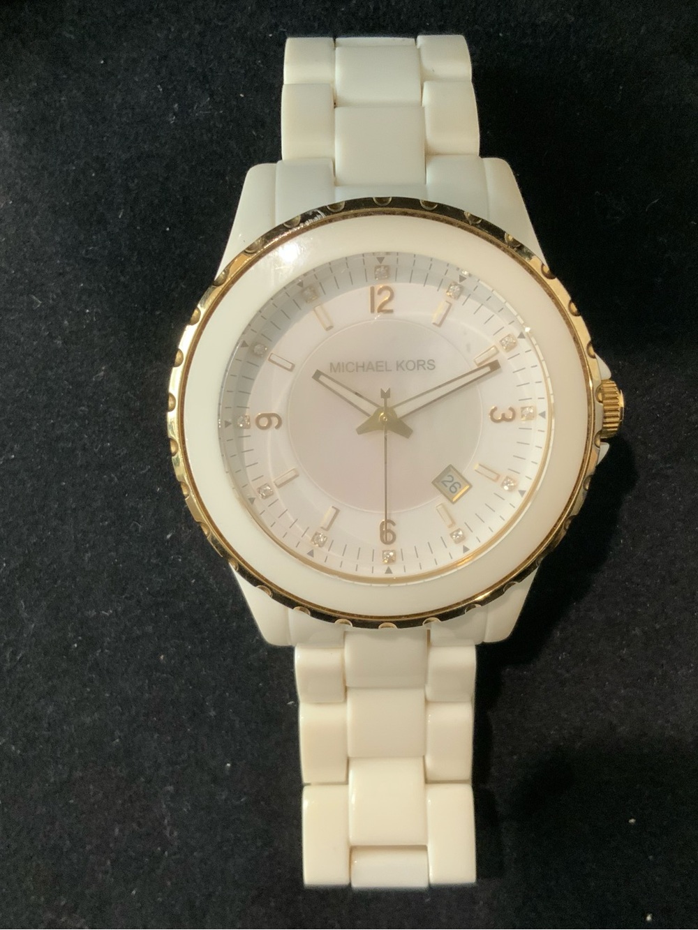Michael Kors White Ceramic Watch with Gold-Tone Bezel